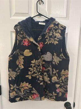 Cellabie Floral Sherpa Lined Hooded Vest US Large XL Navy Blue Boho Snap Front